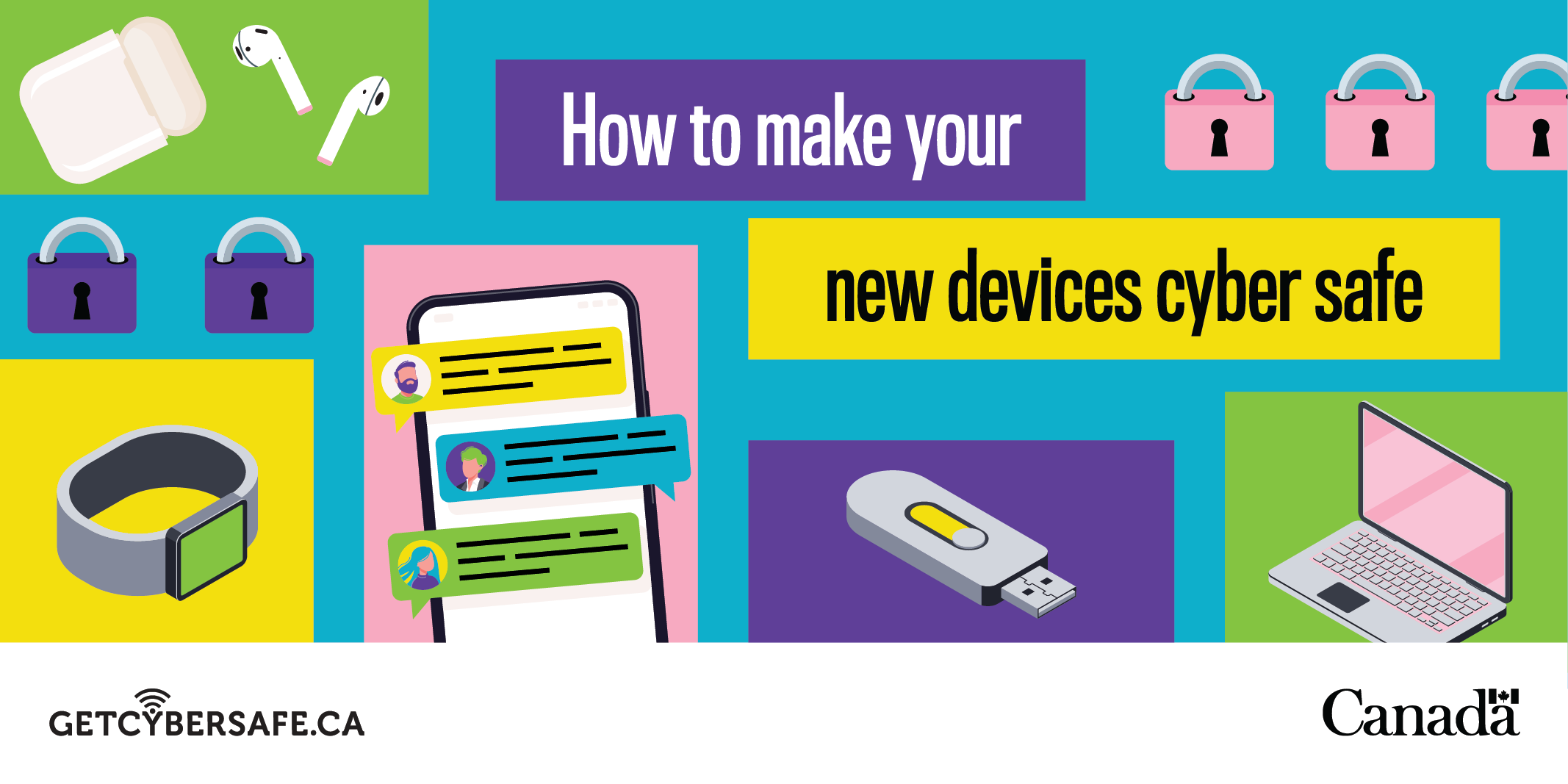 illustrations of airpods, a watch, a phone, a usb drive and a laptop