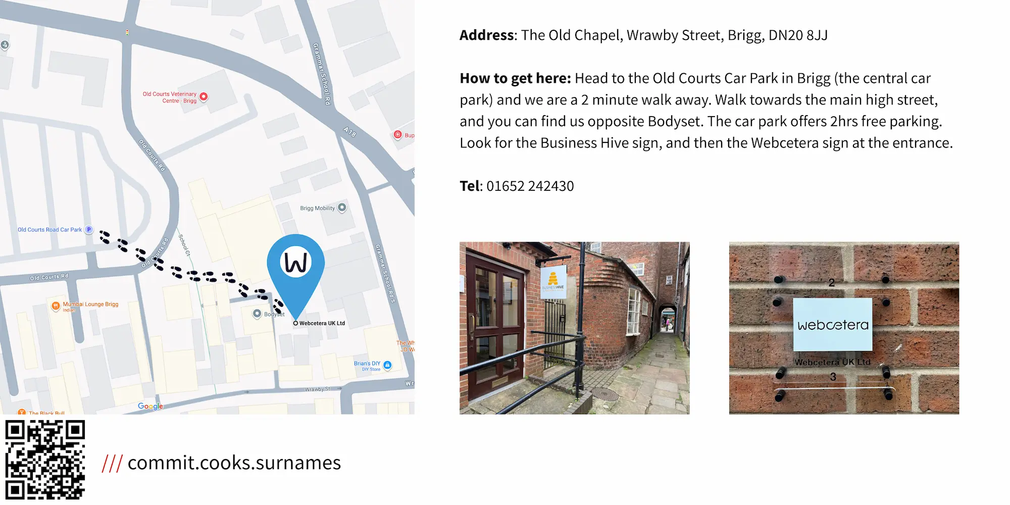 Map guide on how to find Webcetera when arriving at the central Brigg Car Park.