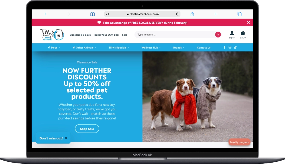 Tilly's Treat Cupboard website shown on a laptop screen