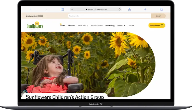 Sunflowers Children's Action Group website shown on a laptop screen
