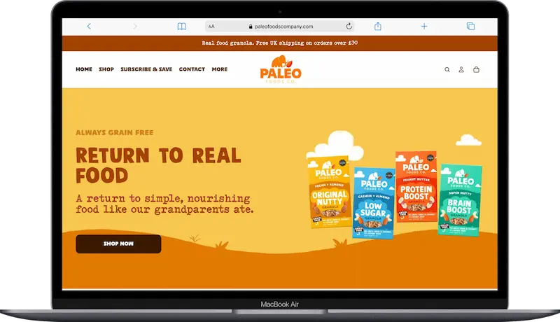 Paleo Foods Company website shown on a laptop screen