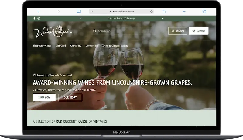 Wressle Vineyard website shown on a laptop screen