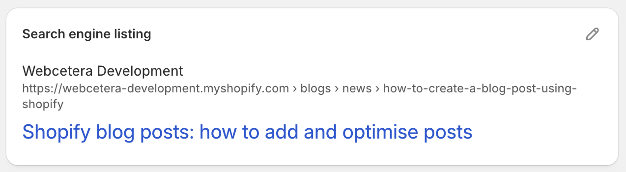 A screen grab of the "Search engine listing" area within the Shopify blog post editor, before the pencil icon has been clicked to expose the full UI