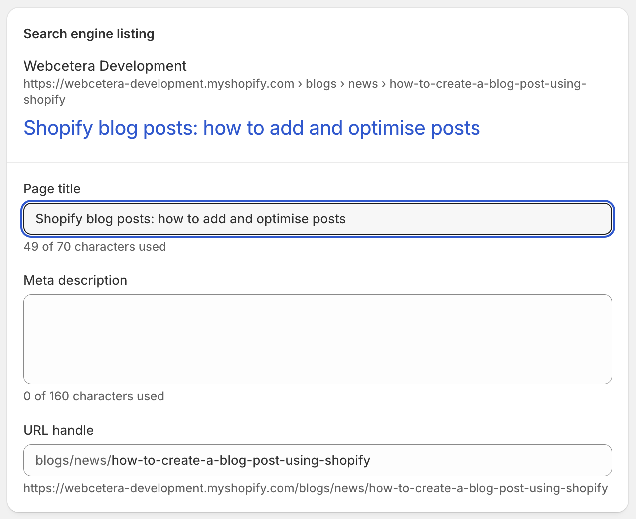 A screen grab of the "Search engine listing" area within the Shopify blog post editor, after the pencil icon has been clicked to expose the full UI