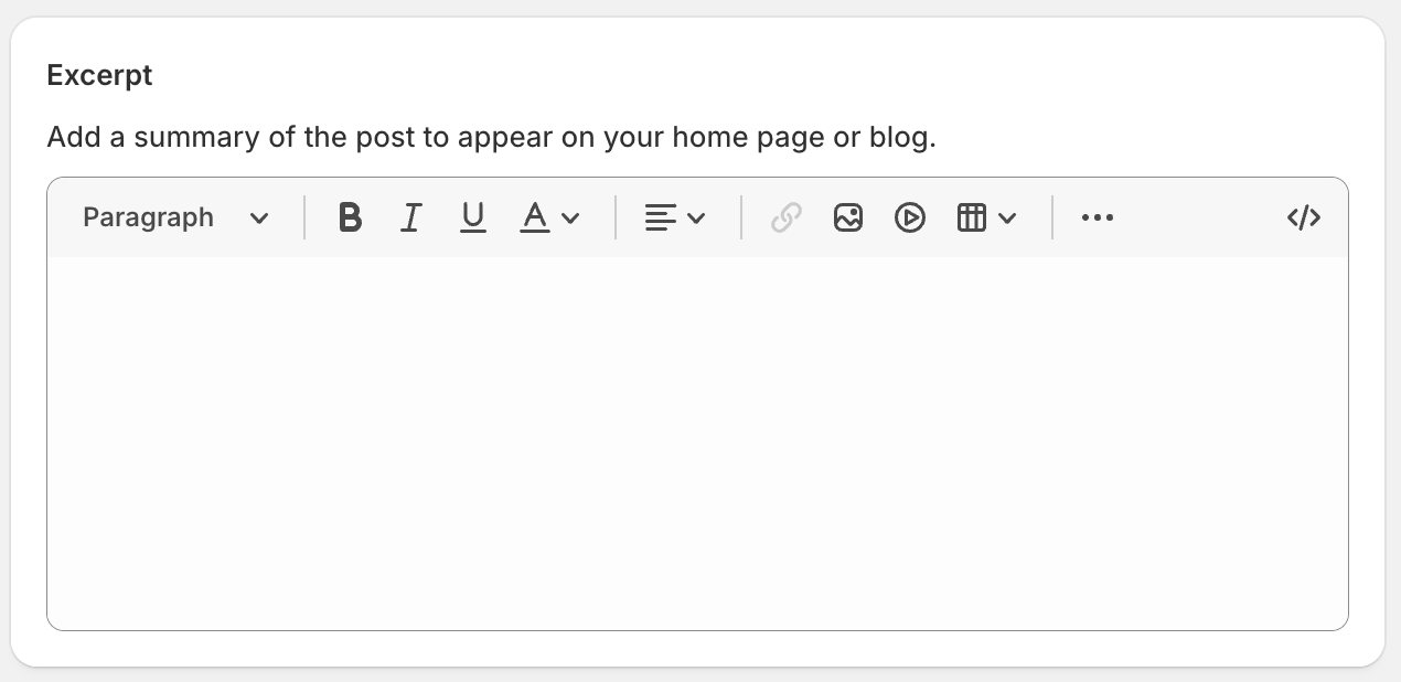 A screen grab of the Excerpt area within the Shopify blog post editor