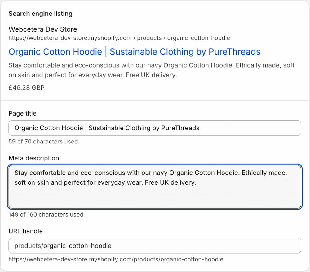 An example of Shopify's "Search engine listing" settings