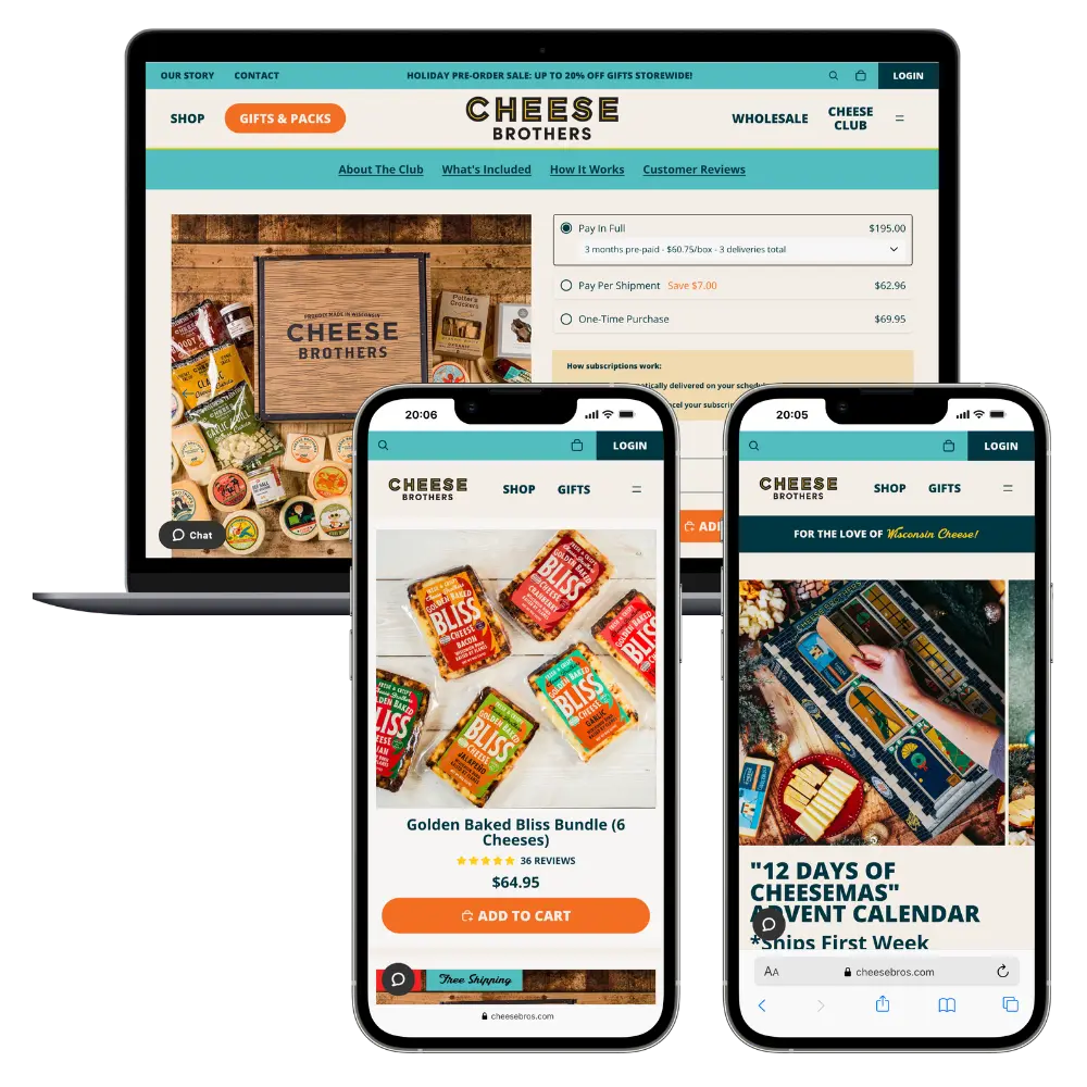 Cheese Brothers mobile screenshots layerd on top of a desktop screenshot