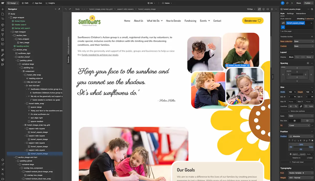 A screenshot of the Webflow Designer interface showing a Webcetera website build for the 'Sunflowers Children's Action Group'. The page design includes the charity's logo, navigation menu, a hero section with a photo collage of children, and an inspirational quote.