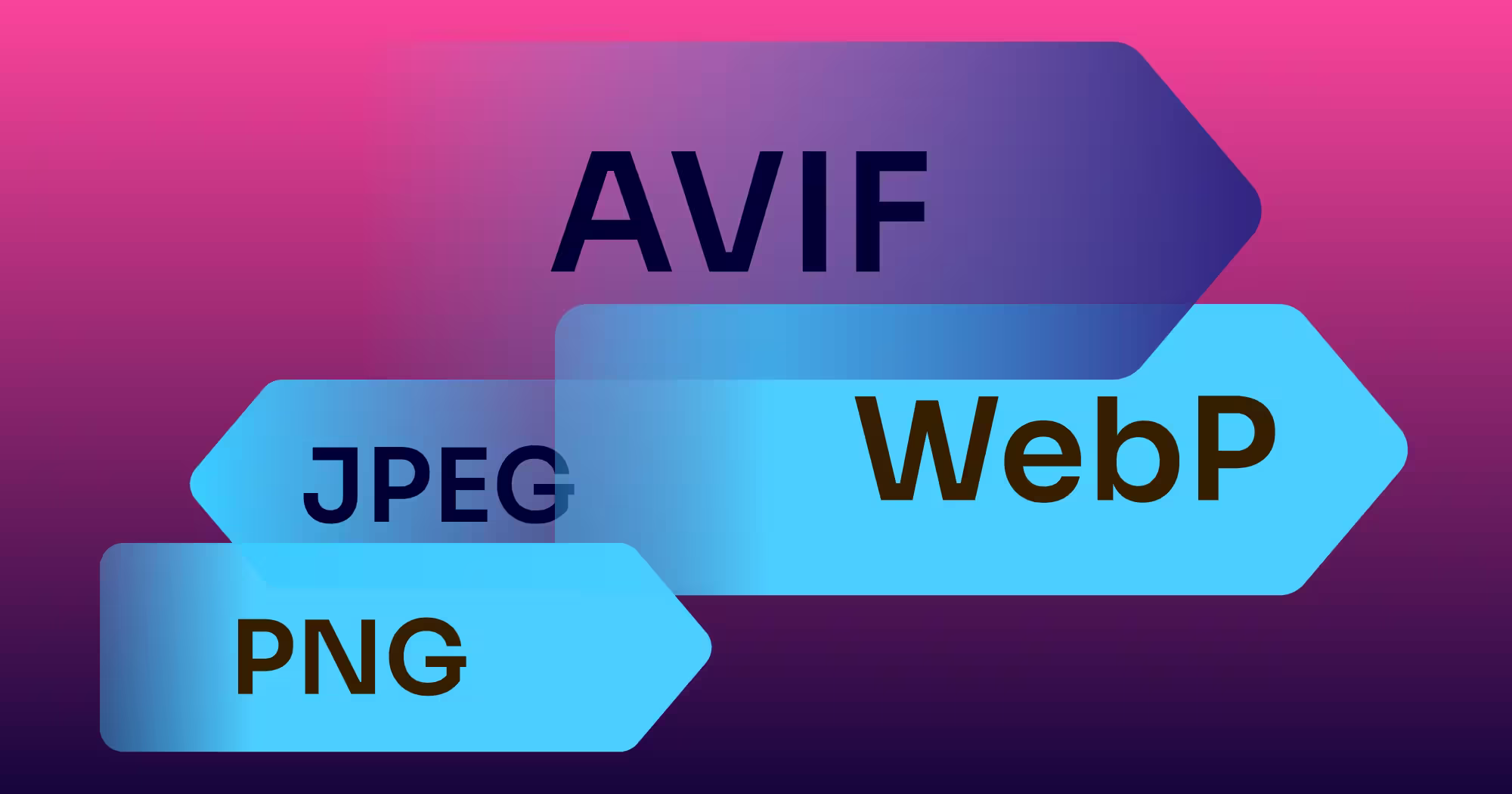Comparison of web image formats including AVIF, WebP, JPEG, and PNG displayed on a modern gradient background.
