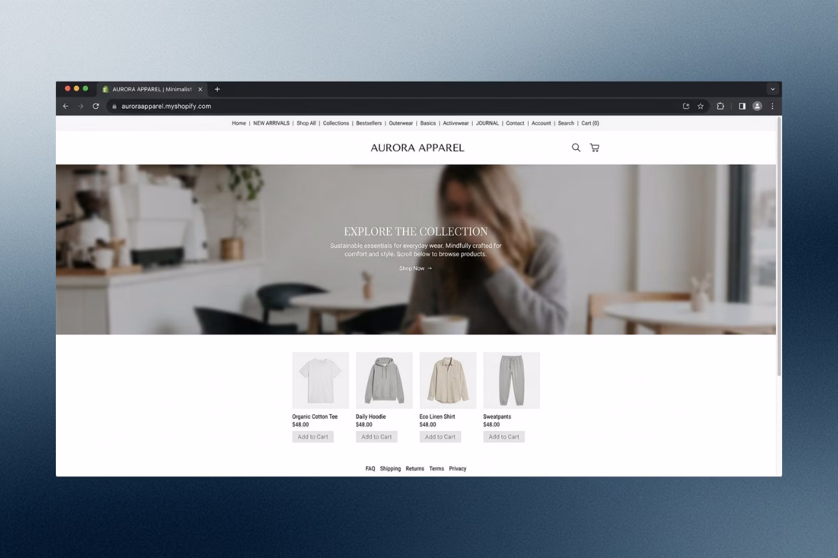 Shopify storefront for Aurora Apparel showing a hero image, navigation menu, and call-to-action button.