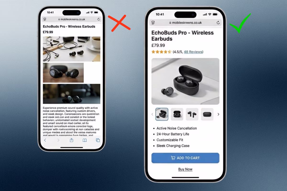 Two mobile screens comparing product page layouts for EchoBuds Pro wireless earbuds, with the right screen showing star ratings, product features, and an Add to Cart button above the fold.