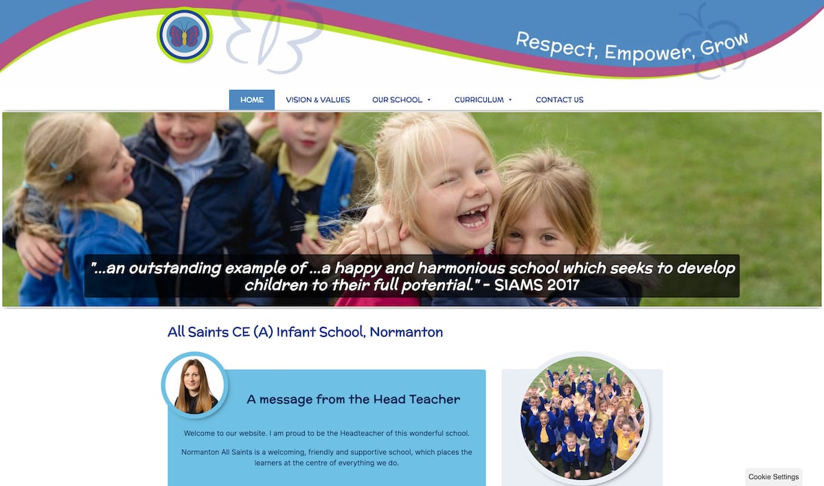 A view of the AllSaints Infant School website home page