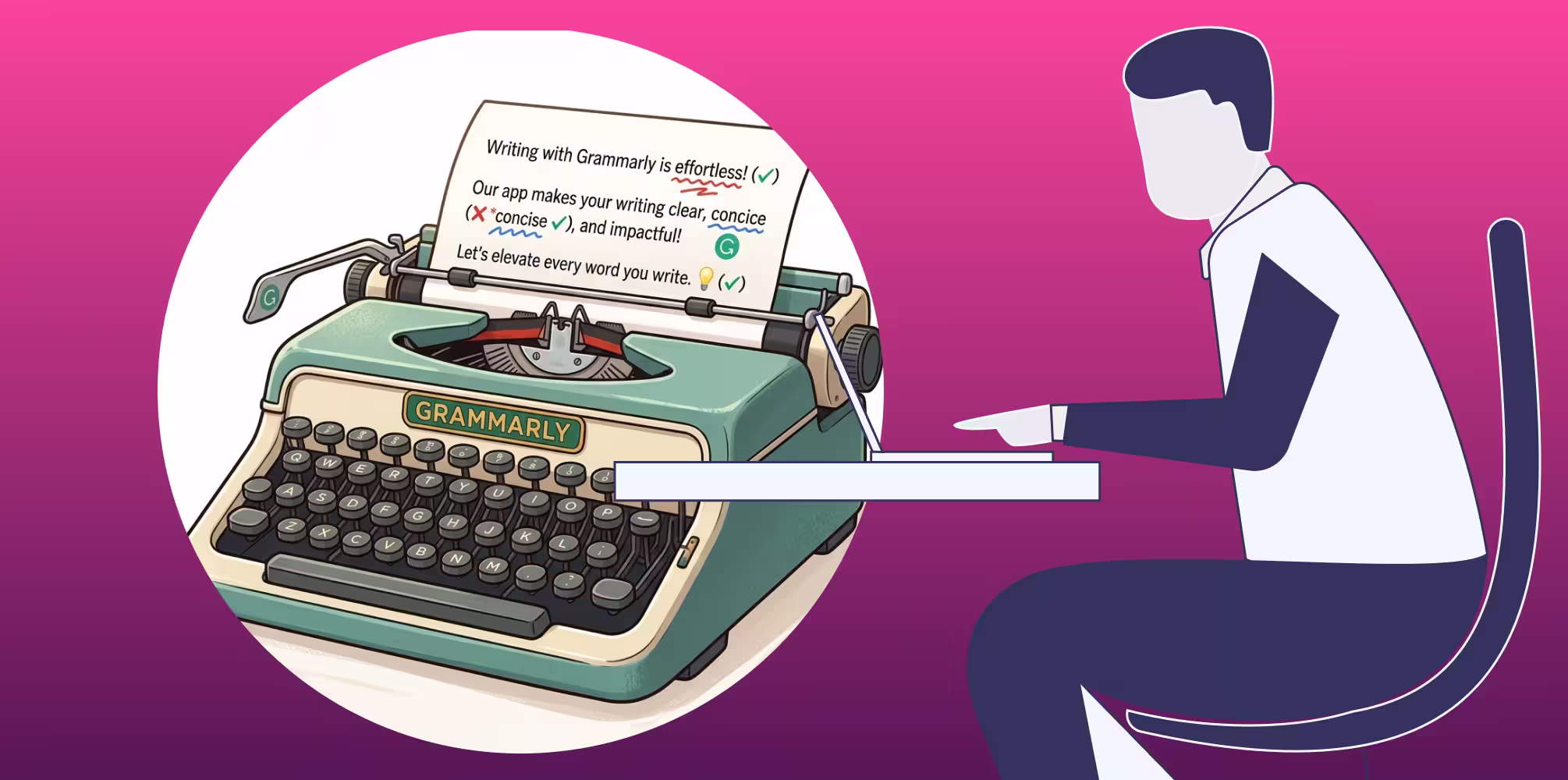 Illustration of a person typing at a laptop beside a vintage typewriter branded Grammarly, with a page of text showing spelling and grammar corrections