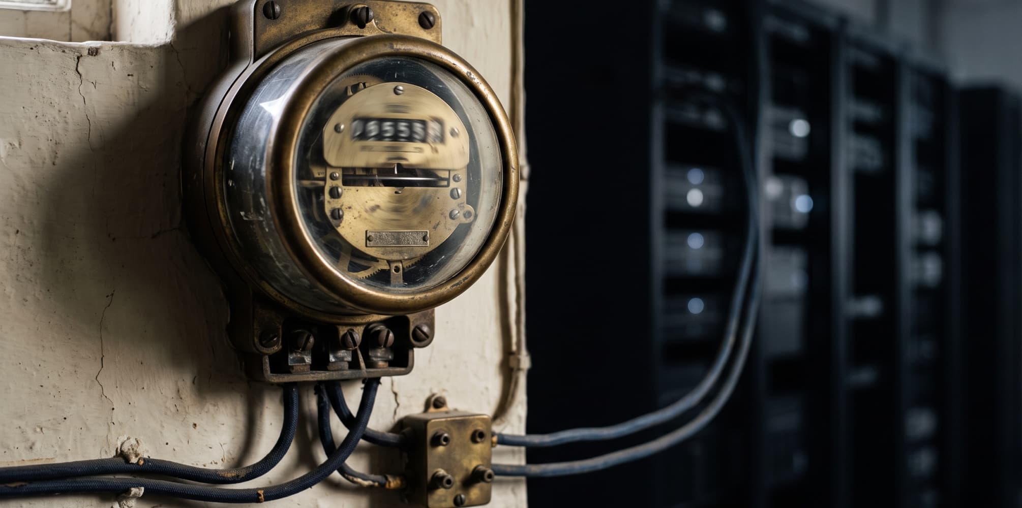 An old brass electricity meter on a plaster wall, dial spinning, wired into a row of dark server racks.
