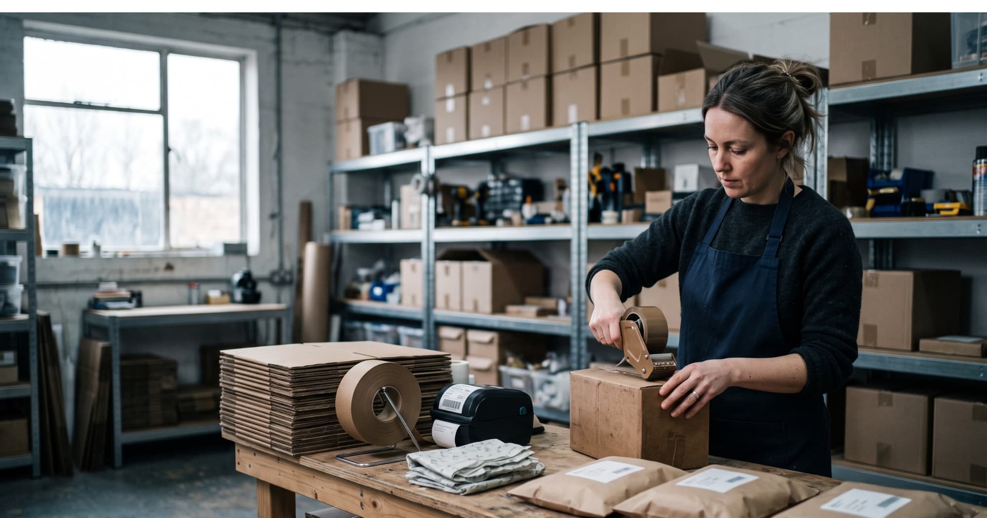 Woman in an apron taping a cardboard box shut at a packing bench in a small warehouse, with flat-packed boxes, paper tape and a label printer beside her