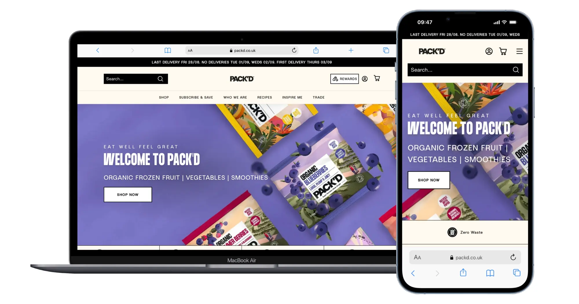 PACK'D desktop and mobile screenshots