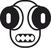 Stylized black robotic face with large oval eyes and a zigzag mouth.