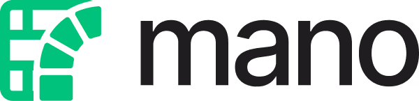 mano brand logo with a segmented curved shape in green to the left of the word 'mano' in lowercase black letters