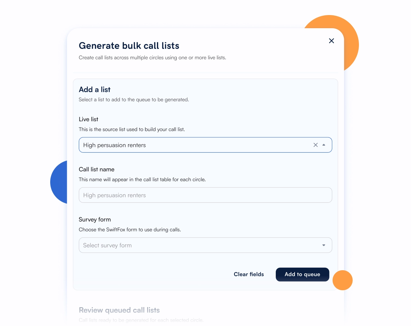 Segment of UI showing setting up a bulk list of calls