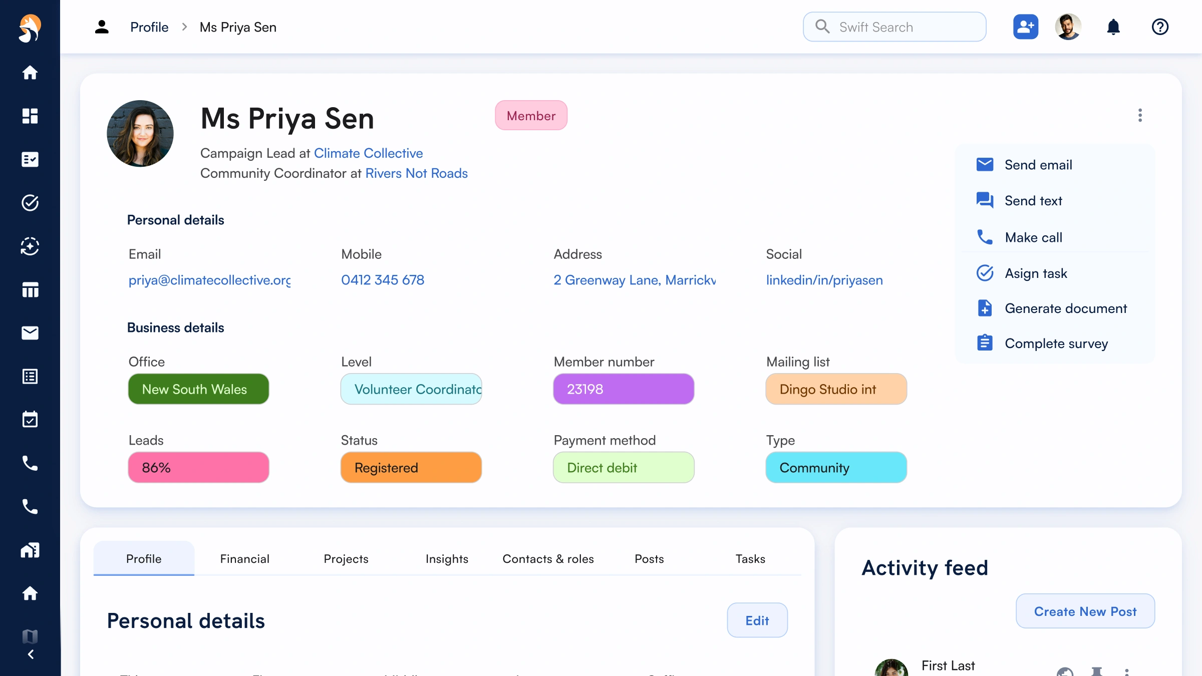 Profile page showing member details including contact info, office, level, status, payment method, and activity feed.