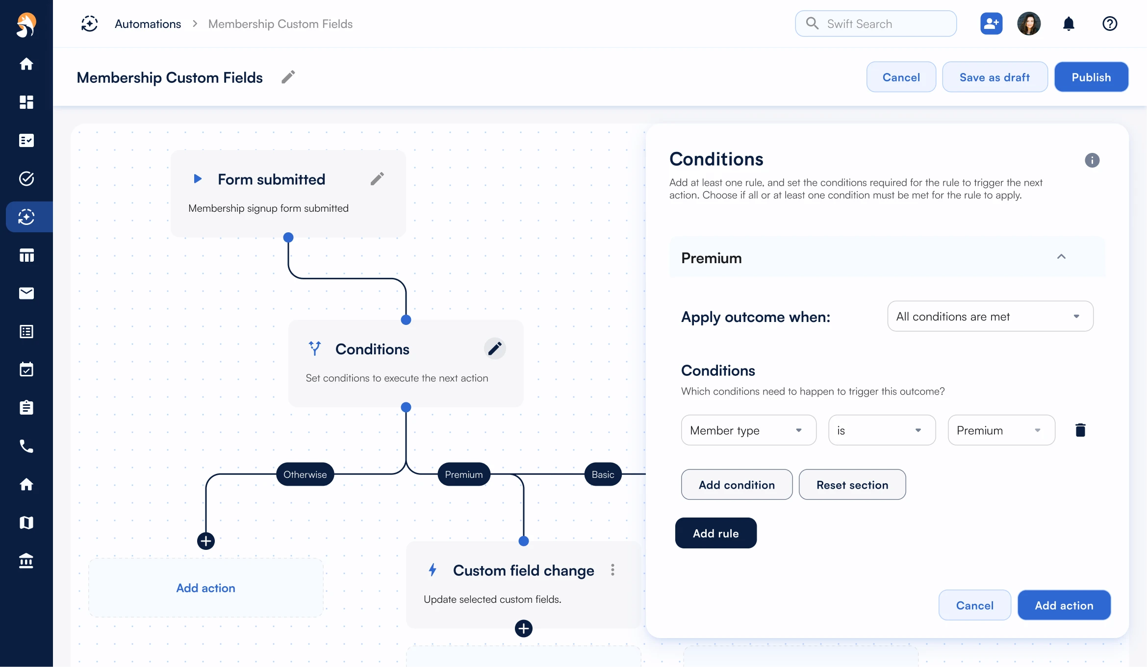 Automation workflow editor showing membership form submission with conditions for premium or basic members and custom field updates.