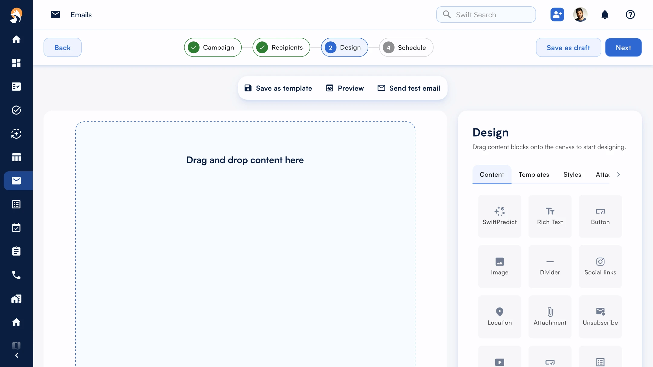 Email builder design step with drag-and-drop editor. Options include text, button, image, divider, social links, location, attachment, and unsubscribe.