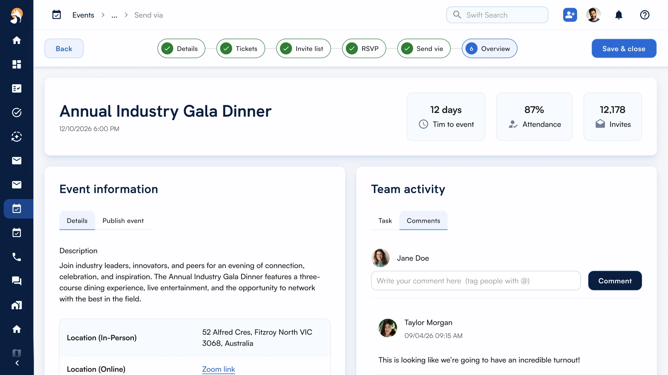 Event management dashboard for the Annual Industry Gala Dinner showing event details, countdown to event, attendance rate, number of invites, event description, location, and team activity comments