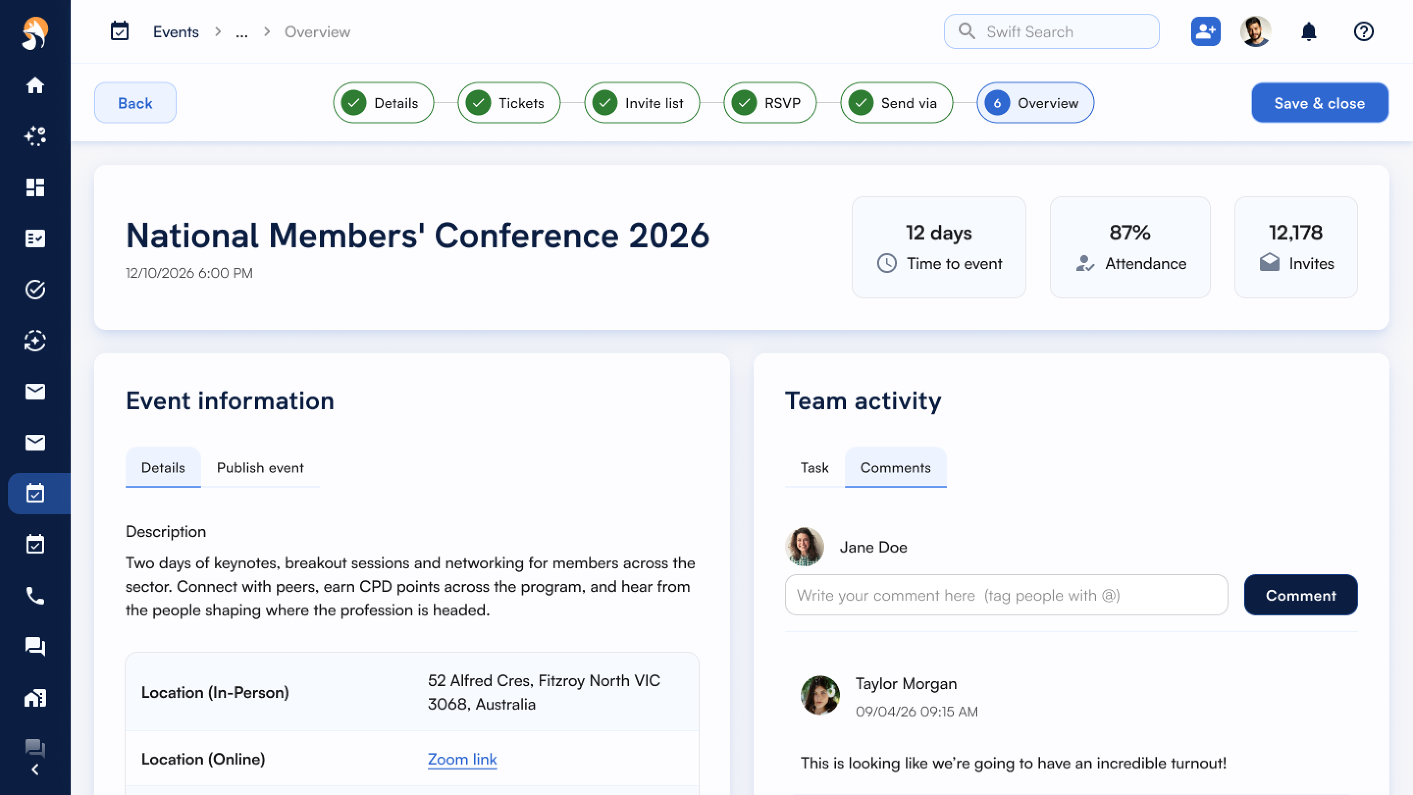 Event management dashboard for the Annual Industry Gala Dinner showing event details, countdown to event, attendance rate, number of invites, event description, location, and team activity comments