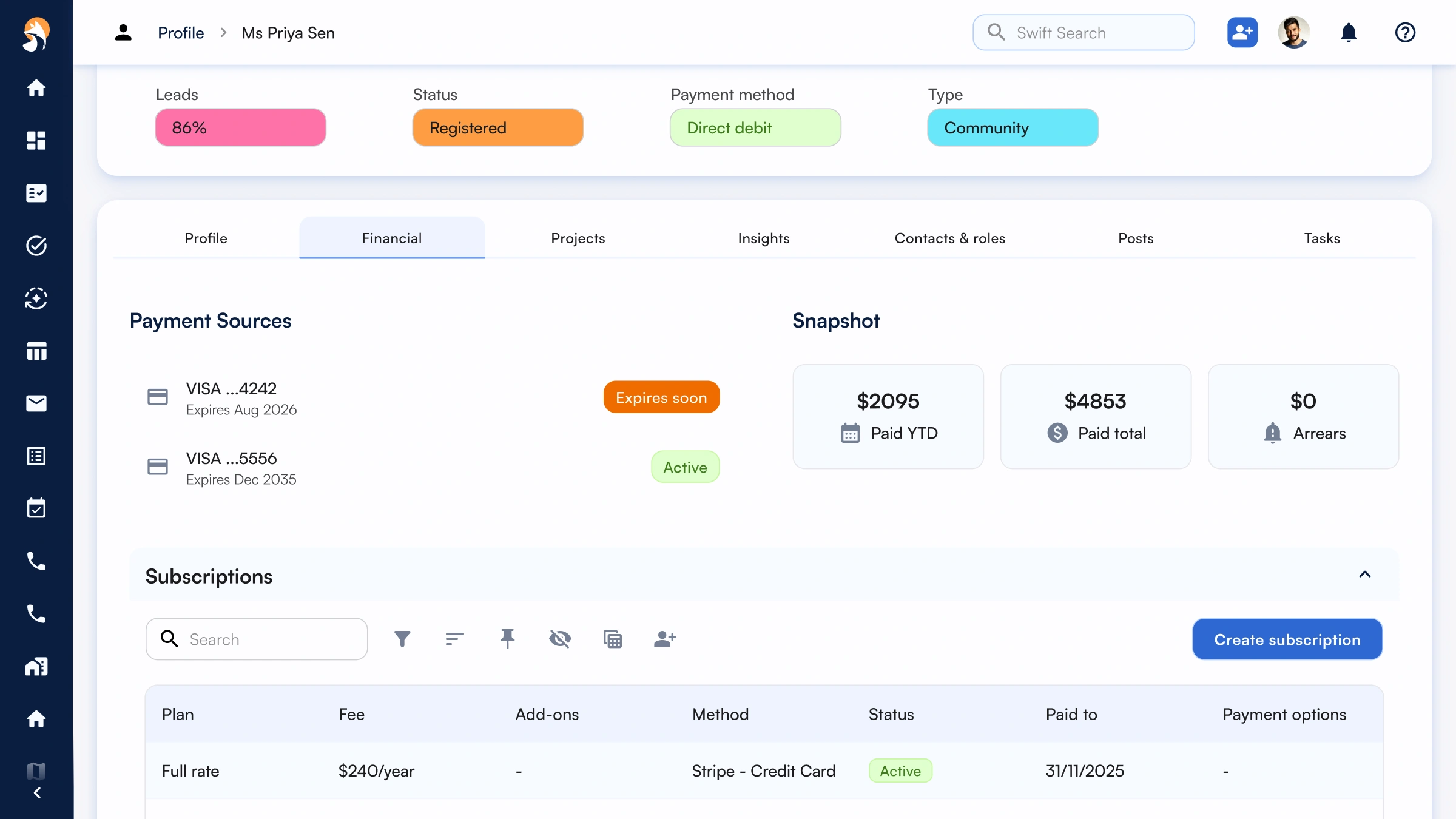 User financial profile screen showing payment sources, subscription details, and snapshot of paid year-to-date, total paid, and arrears.