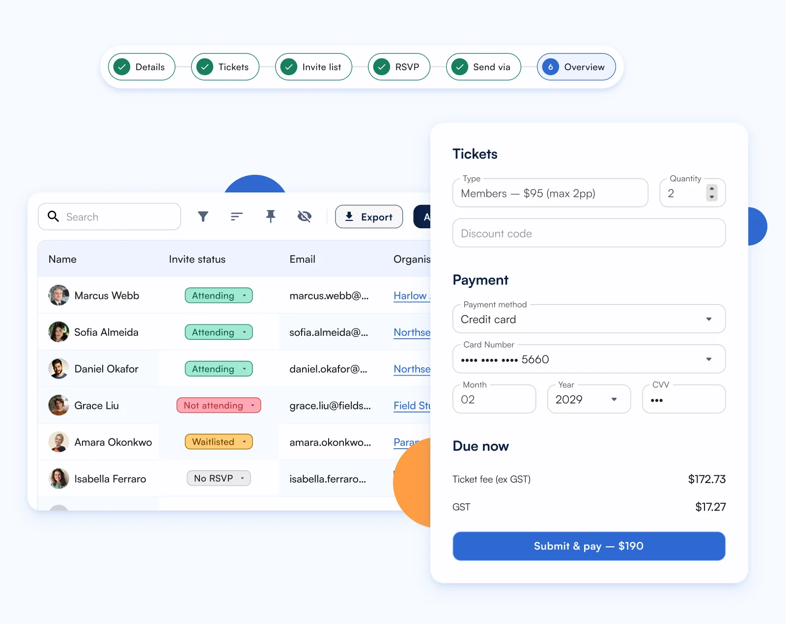 Event management interface showing invitee status, ticket purchase form with payment details and total due.