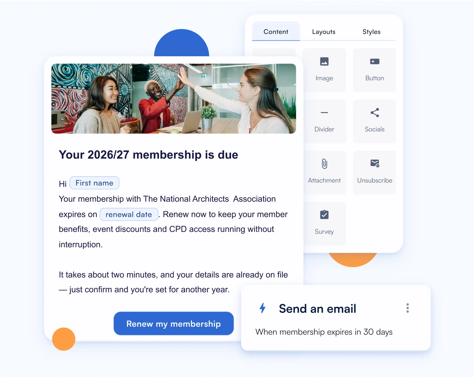 Email template for renewing National Architects Association membership with renew button and content editor options.