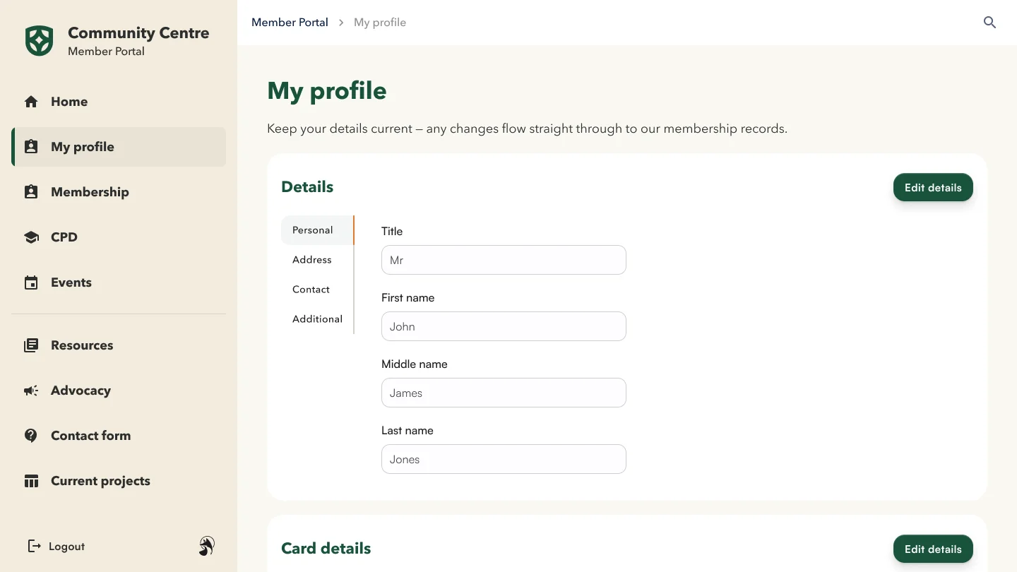 Member portal profile page showing personal details with fields for title, first, middle, and last name.