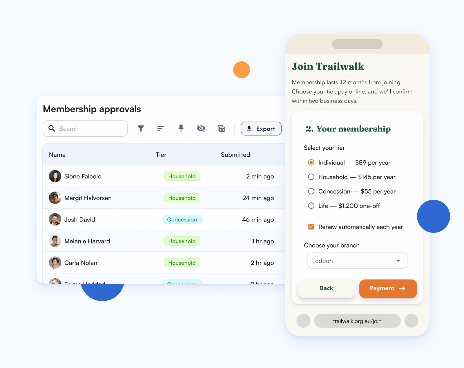Mobile screen showing Trailwalk membership tiers with pricing and a filtered list of recent approvals.
