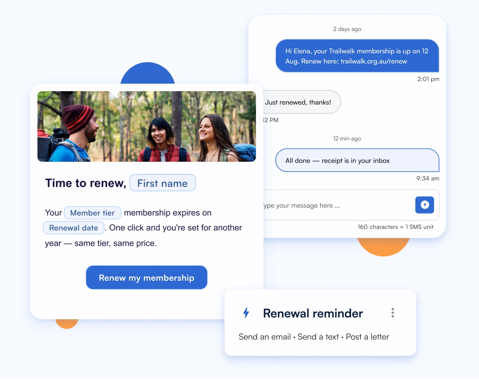 Screen showing a membership renewal email template with merge fields and text message conversation confirming renewal.