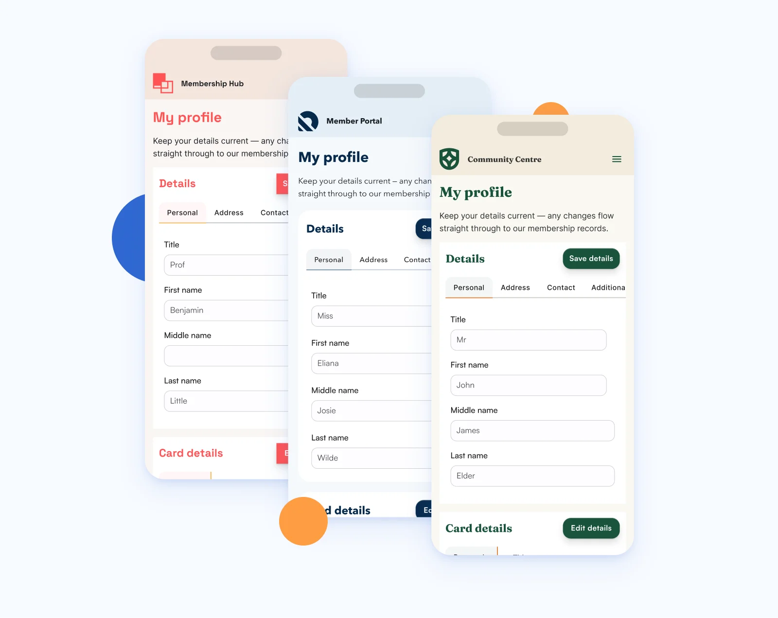 Three mobile screens showing membership profile forms with name and title fields from portals with different branding.