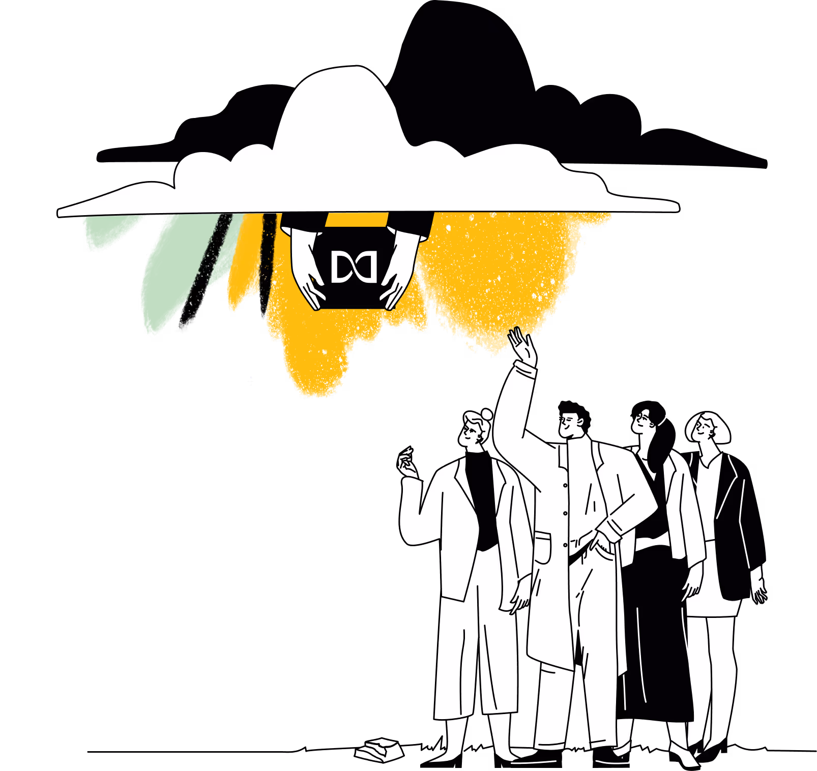 a group of people reaching for Laurel coming down from the clouds