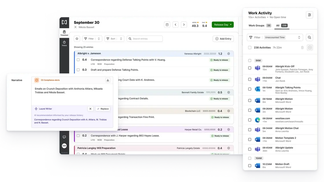 User interface showing a timesheet for September 30 with work entries for Albright v. Jameson, compliance alerts in a narrative box, and a work activity panel listing detailed timed activities.