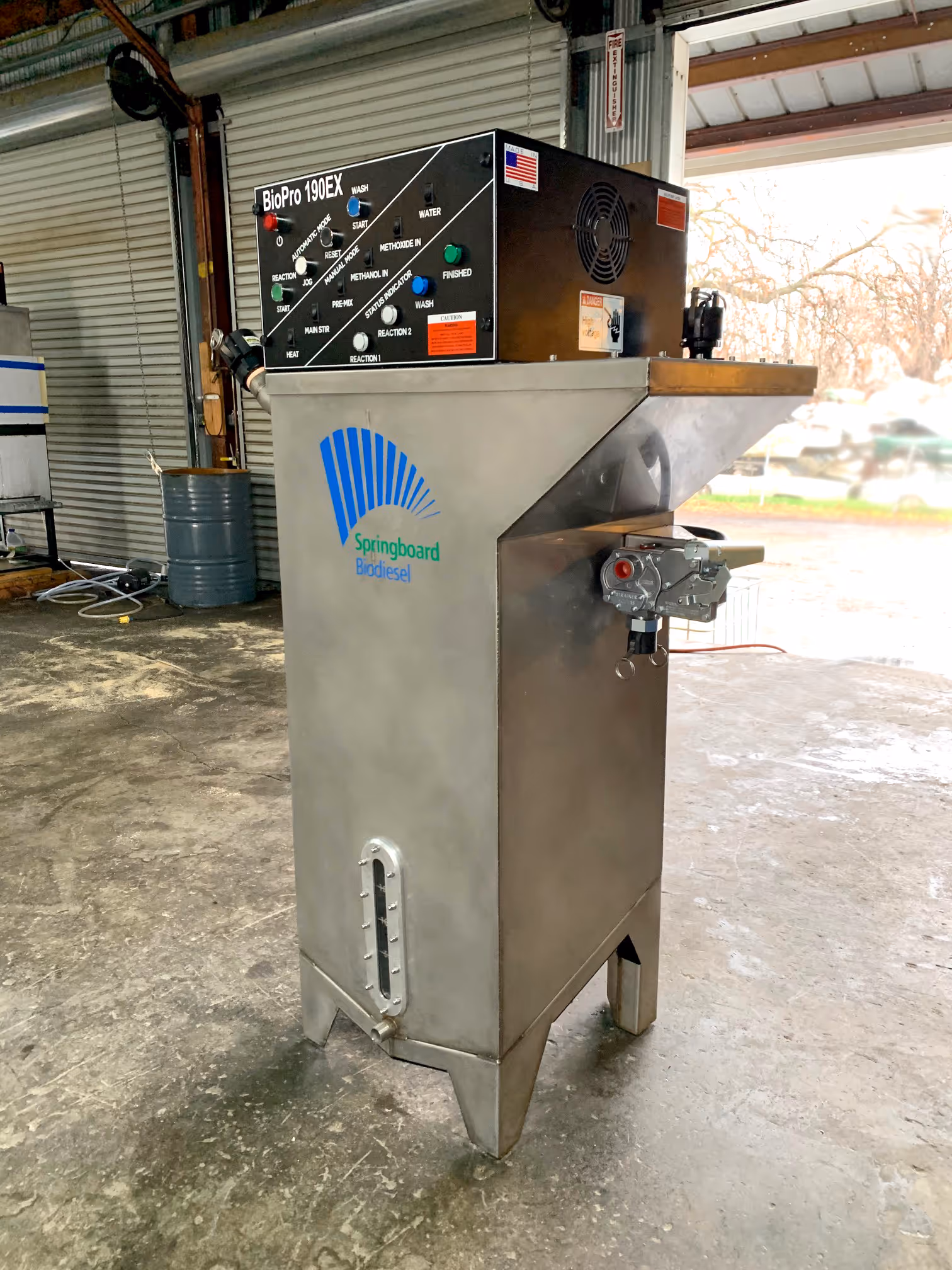BioPro 190 biodiesel processor in the garage; from Springboard Biodiesel