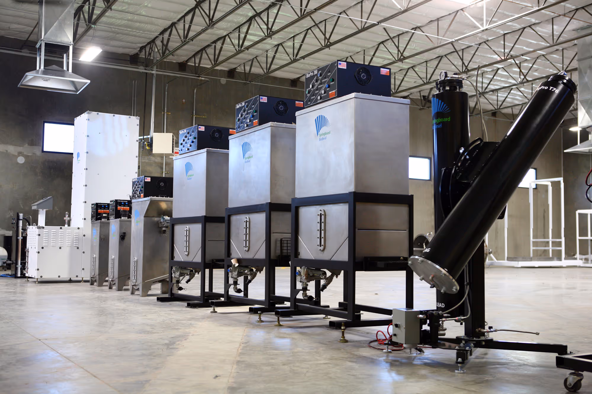 Line up of BioPro 380 biodiesel processors from Springboard Biodiesel.