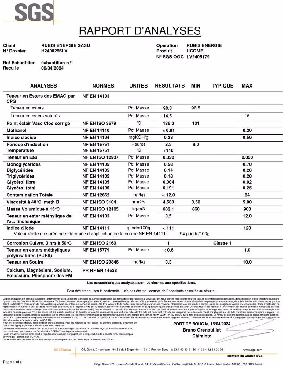 SGS analysis report showing chemical and physical test results for a sample from Rubis Energie, including ester content, methanol, acidity index, induction period, water content, glycerides, contamination, viscosity, density, iodine index, corrosion, sulfur content, and mineral elements with conformity statements and signature.
