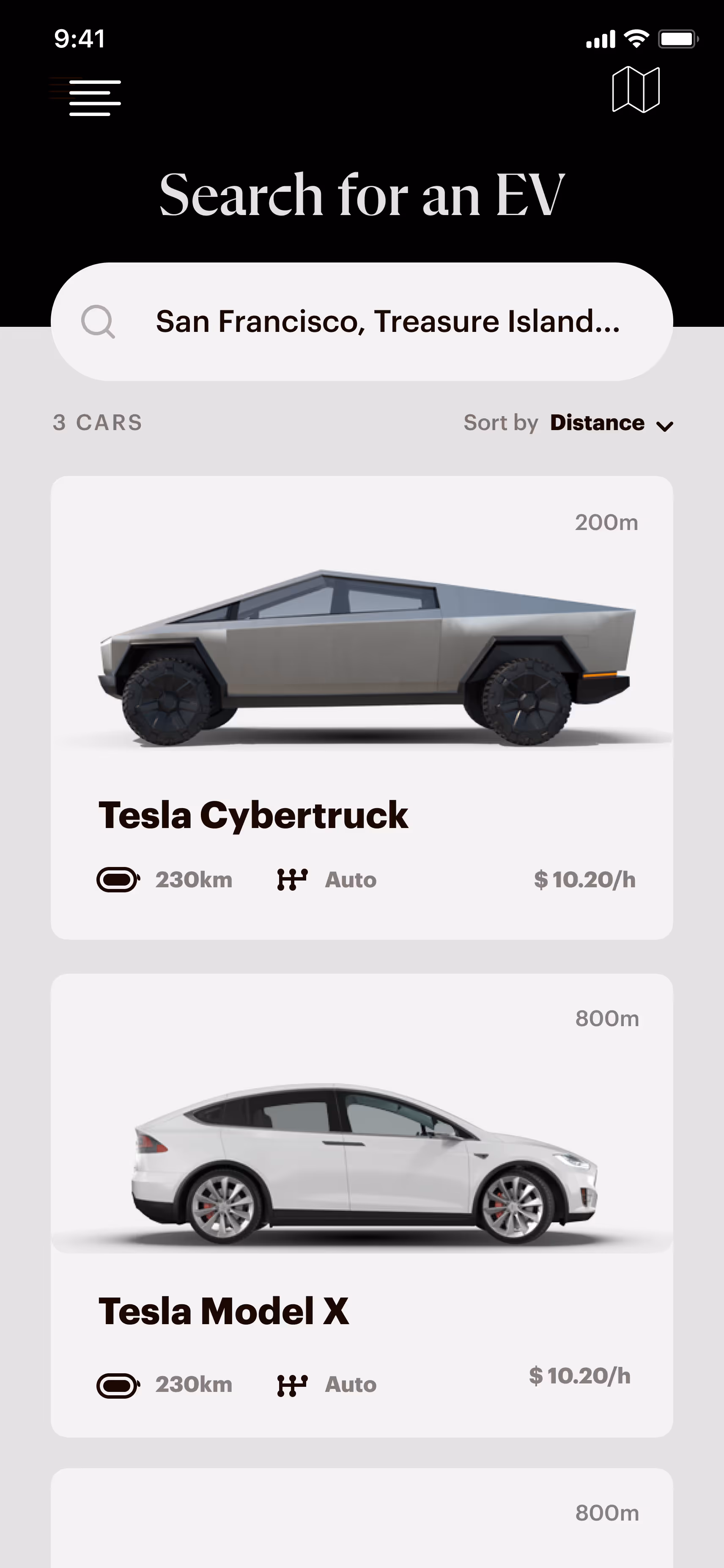 Mobile app screen showing search results for electric vehicles near San Francisco, listing Tesla Cybertruck 200m away and Tesla Model X 800m away, both with 230km range, automatic transmission, and $10.20 per hour rental price.