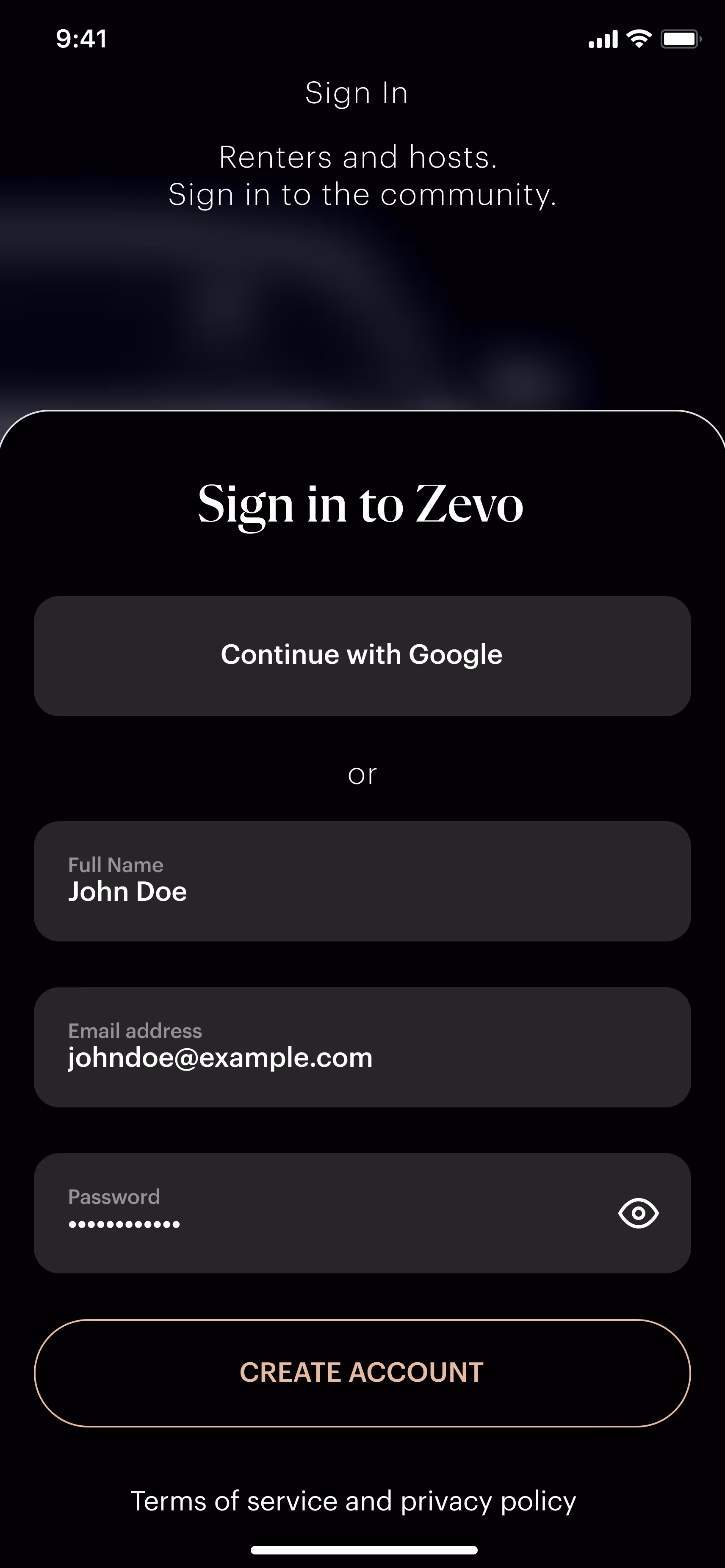 Mobile sign-in screen for Zevo with options to continue with Google or enter full name, email, and password, plus create account button.