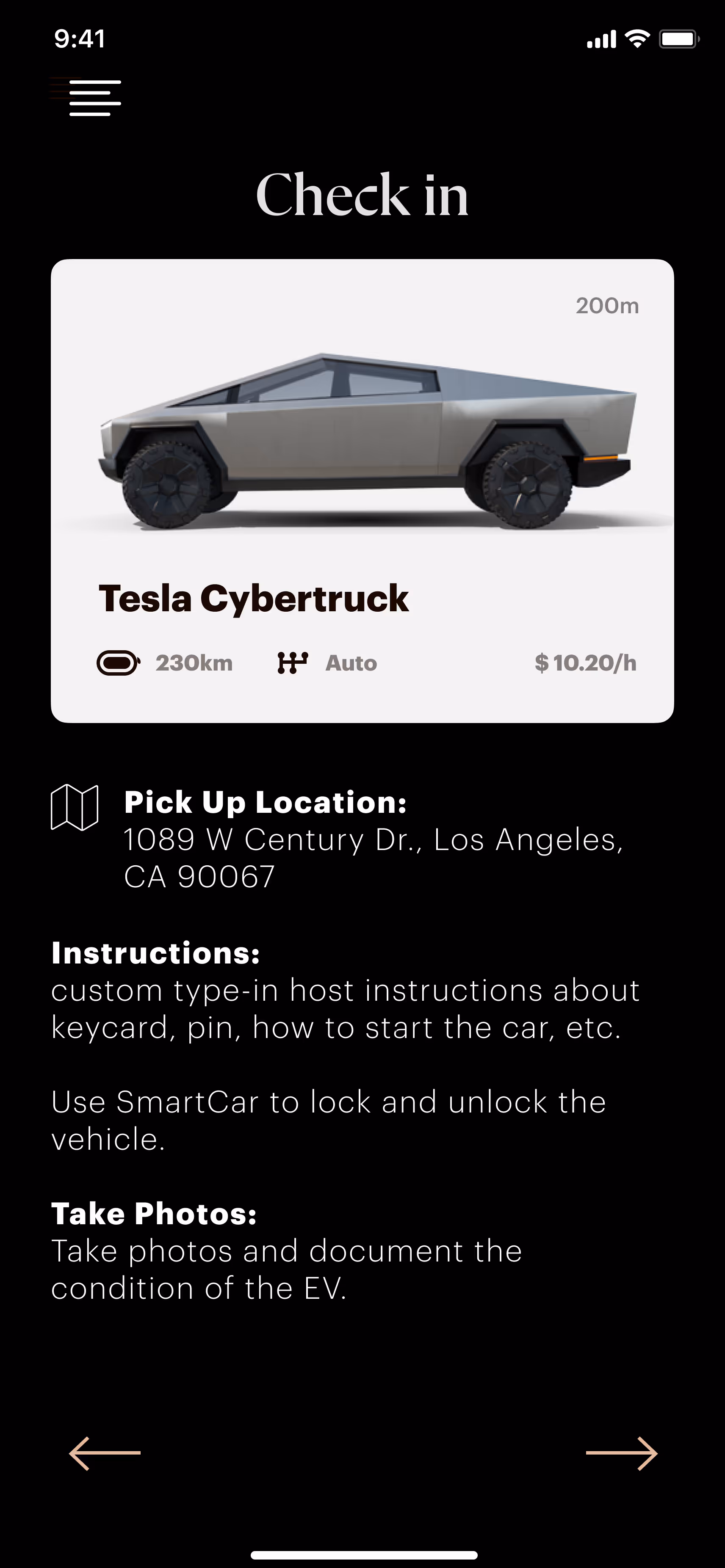 Car rental app screen showing a Tesla Cybertruck available 200m away with 230km range, automatic transmission, and $10.20 per hour rate, including pick-up location and instructions.