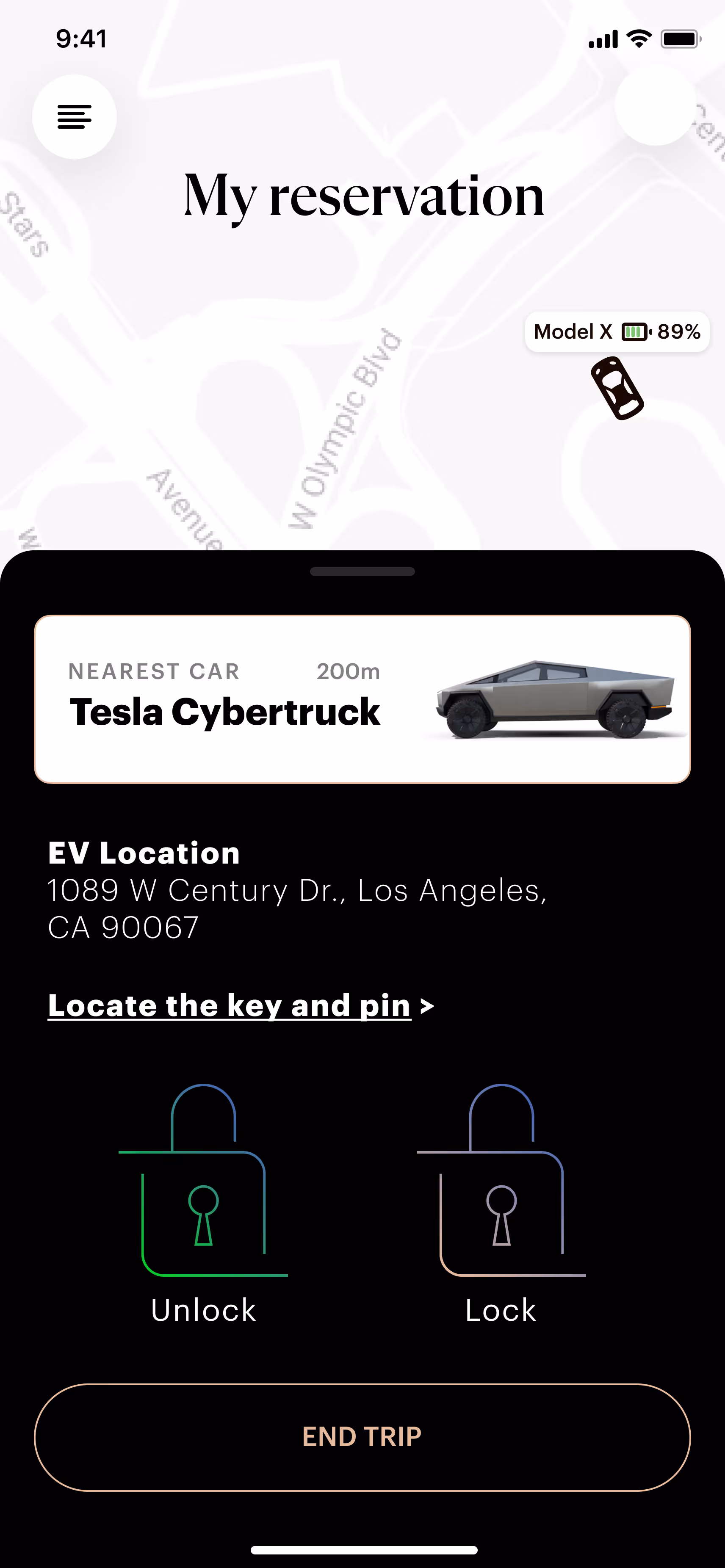 Mobile app screen showing nearest car Tesla Cybertruck 200m away, EV location at 1089 W Century Dr., Los Angeles, with unlock, lock icons and end trip button.