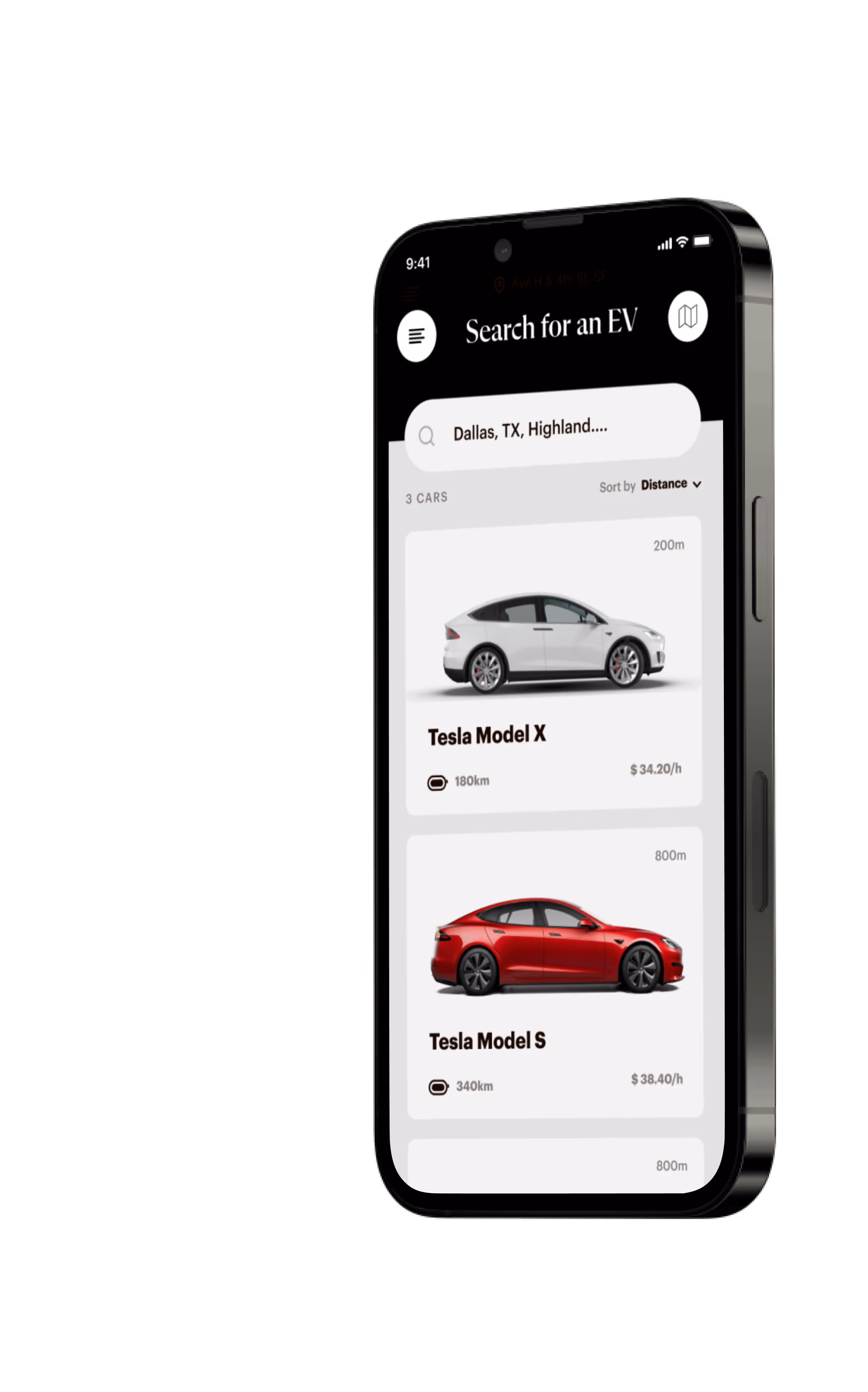 Mobile app screen showing search results for electric vehicles with Tesla Model X and Model S listings including distance, range, and hourly price.
