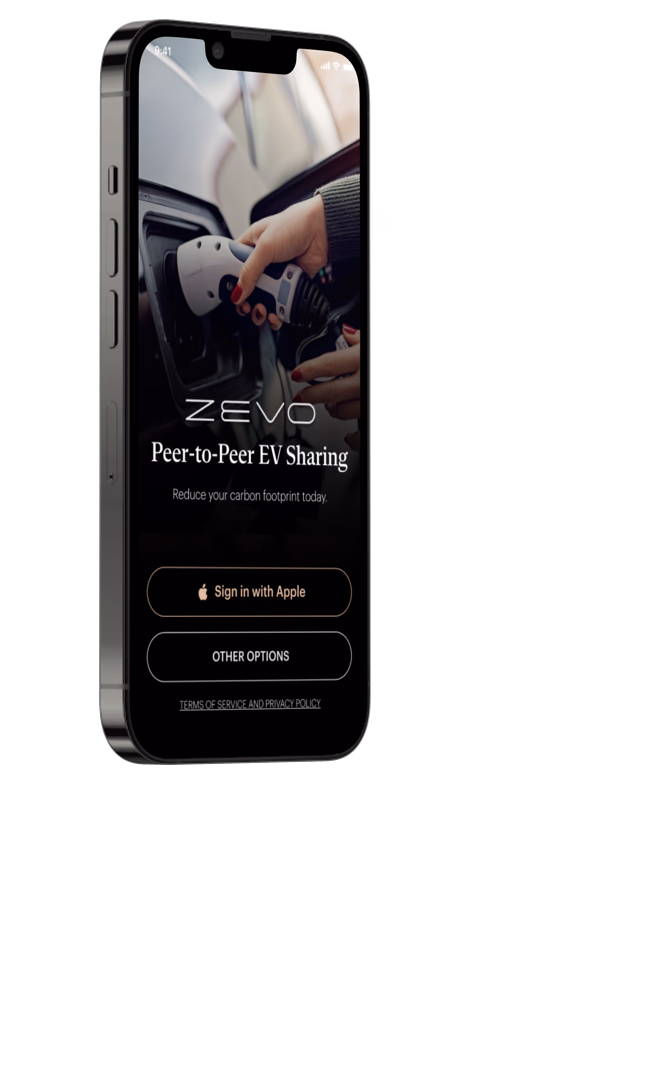 Smartphone screen showing Zevo app for peer-to-peer EV sharing with sign-in options and image of hand plugging in electric car charger.