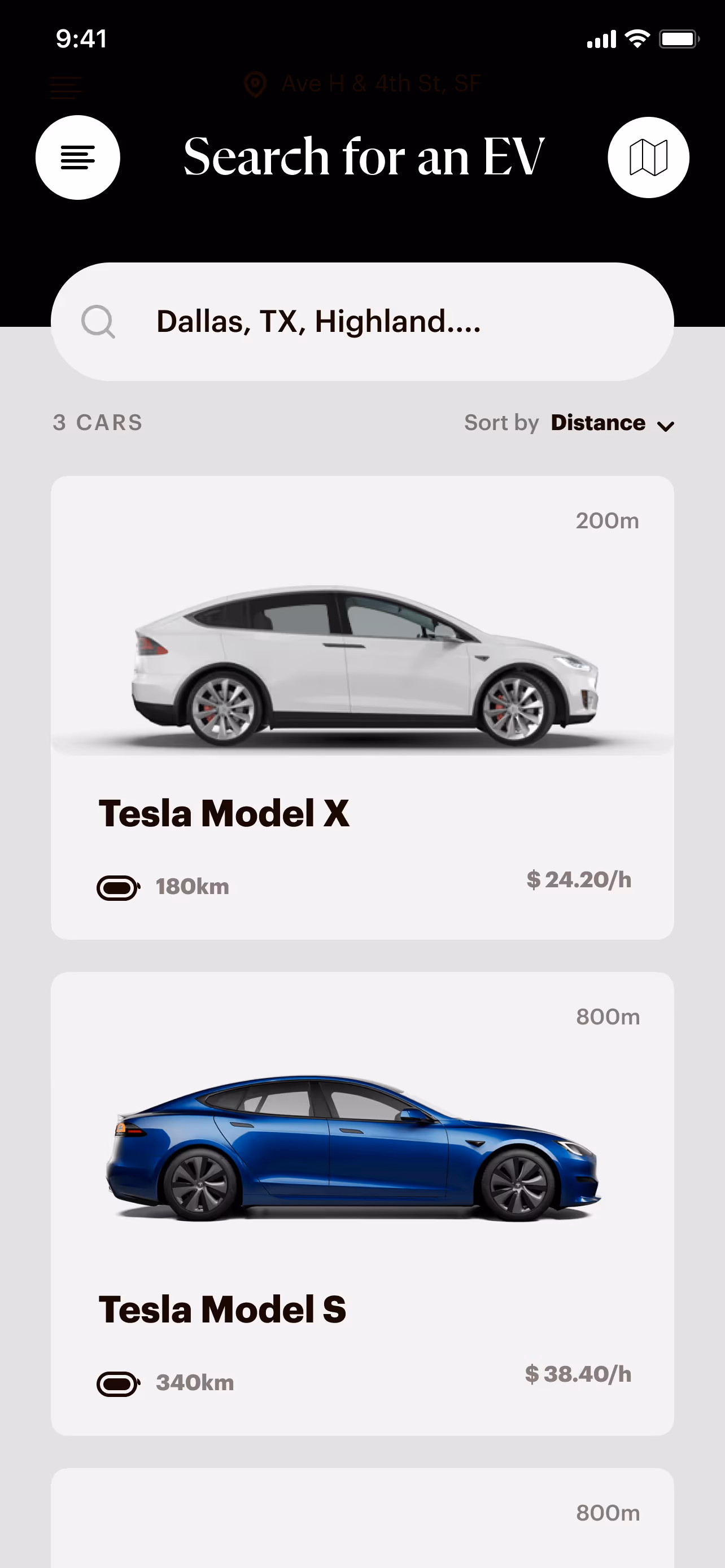 Mobile app screen showing search results for electric vehicles in Dallas, TX, listing Tesla Model X in white and Tesla Model S in blue with distances and hourly prices.