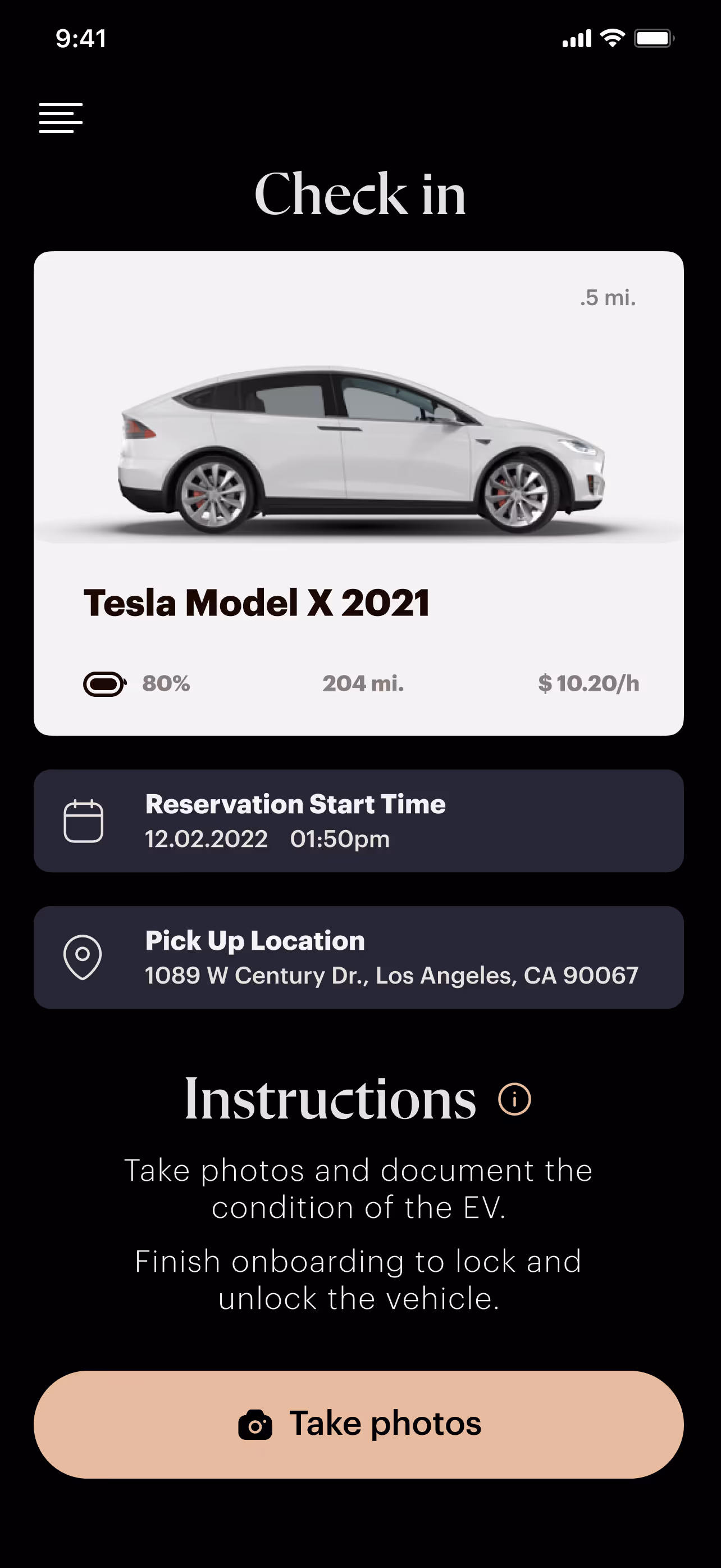 Mobile app check-in screen showing a white Tesla Model X 2021 with 80% battery, 204 miles range, $10.20 per hour rate, reservation start on 12.02.2022 01:50pm, pick up at 1089 W Century Dr., Los Angeles. Instructions to take photos and document EV condition before onboarding with a 'Take photos' button.