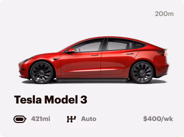 Red Tesla Model 3 electric car viewed from the side with 421 miles range, automatic transmission, $400 per week rental.