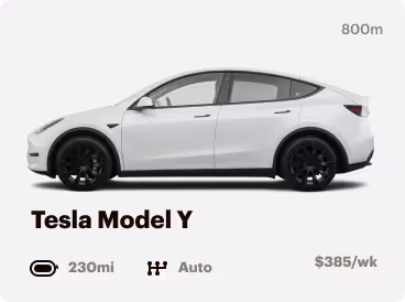 White Tesla Model Y viewed from the side with black wheels, showing rental details including 230 miles range, automatic transmission, and $385 per week price.